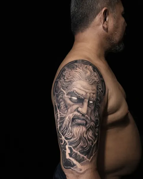 Black and grey realism tattoo of Zeus with lightning on a man's upper arm