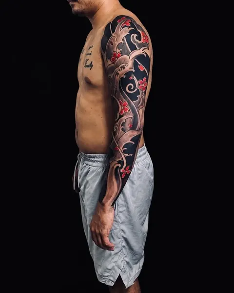 Full-color Japanese style full sleeve tattoo seen from the side