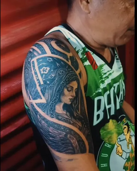 Color half sleeve tattoo of the Virgin Mary with ornamental framing